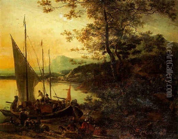 An Italianate Coastal Landscape With Cargo Being Unloaded From A Moored Sailing Vessel At Sunset Oil Painting - Willem de Heusch