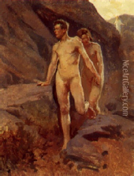 Adam Og Eva Oil Painting - Erik Ludwig Henningsen