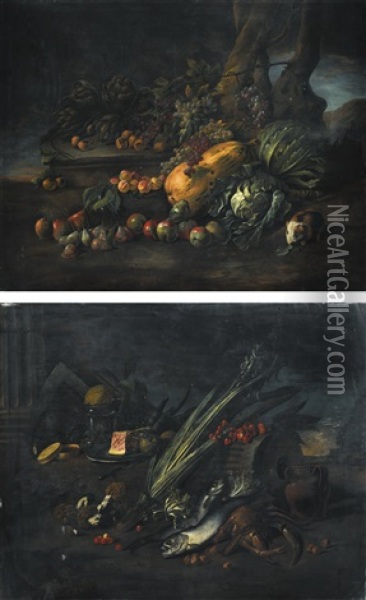 Still Life Of Vegetables On A Forest Floor; Still Life With Fish And Mushrooms Oil Painting - Angelo Maria Rossi