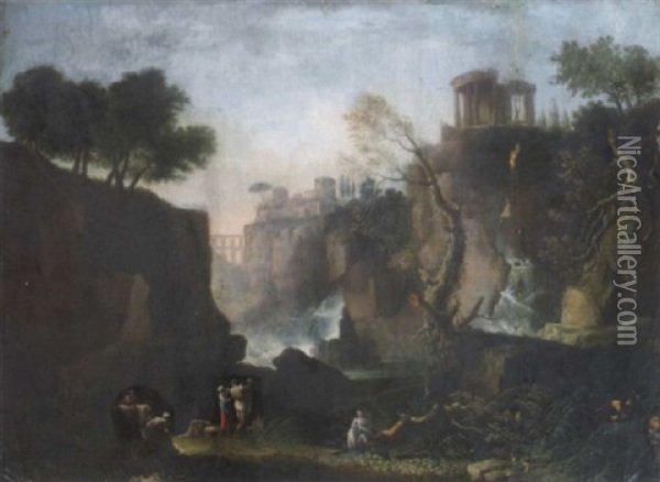 A Capriccio Landscape With Figures By A Waterfall And Classical Ruins Beyond Oil Painting - Claude Louis Chatelet