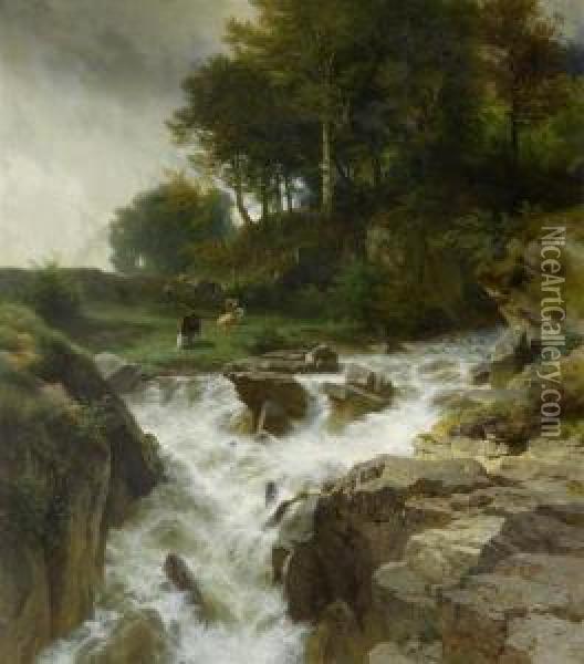 Mountain Stream With Herdsman And Cows Oil Painting - Johann Gottfried Steffan
