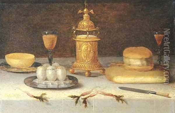 Eggs and a bowl on pewter plates with facon-de-Venise wineglasses Oil Painting - Jacob Fopsen van Es