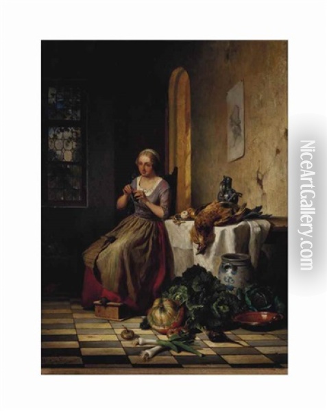 Woman Knitting In An Interior Oil Painting - David Emile Joseph de Noter