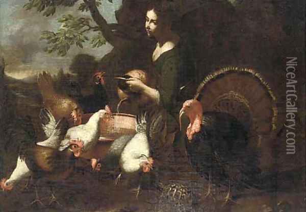 A girl watering chickens and cocks in a landscape, a turtle in the foreground Oil Painting - Tommaso Salini (Mao)