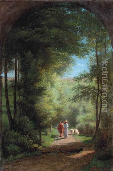 Guiding A Cow On A Country Path Oil Painting - Joseph Bail