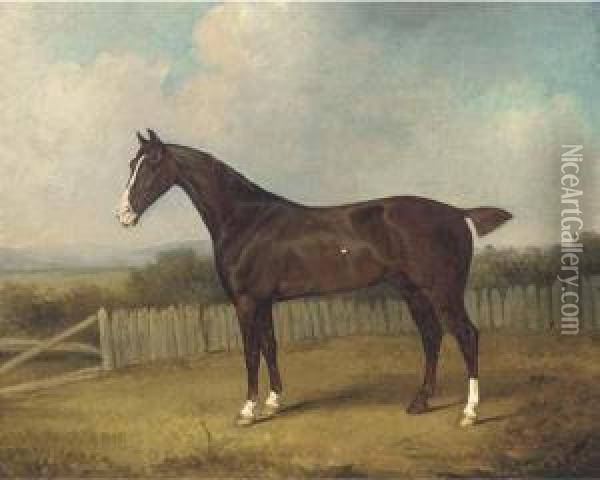 A Dark Brown Horse In A Landscape Oil Painting - Henry Bernard Chalon