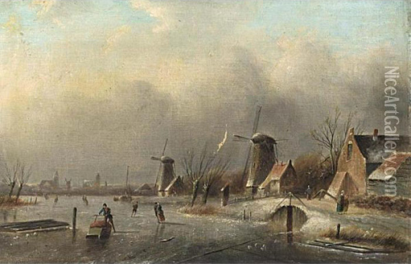 Winter Landscape With Several Skaters On A Frozen Waterway Oil Painting - Jan Jacob Coenraad Spohler