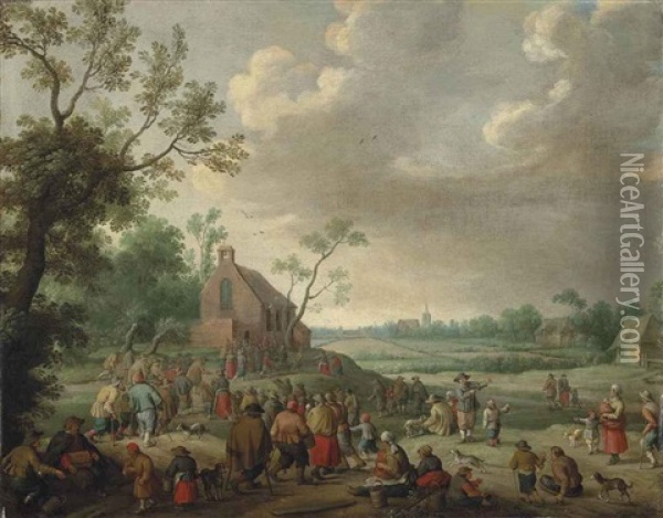 A Landscape With Figures Conversing And Playing Music, A Church Beyond Oil Painting - Joost Cornelisz. Droochsloot