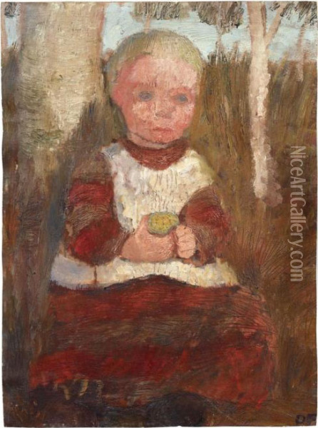 Sitzendes Kind An Einer Birke 
(kind Mit Frucht). Verso: Bauernmadchen Am Hang Vor Wolkigem Himmel Oil Painting - Paula Modersohn-Becker