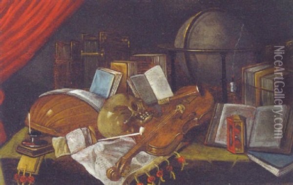A Vanitas Still Life With Books, A Lute, A Violin, A Globe And A Skull With A Snuffed Candle On A Draped Table Oil Painting - Jan (Johannes) ver Meulen