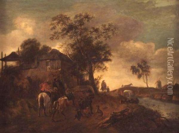 Figures, Horses And Dogs In A 
Lane Before A Cottage;bridge Over River And Windmill Beyond Oil Painting - Isaack Jansz. van Ostade