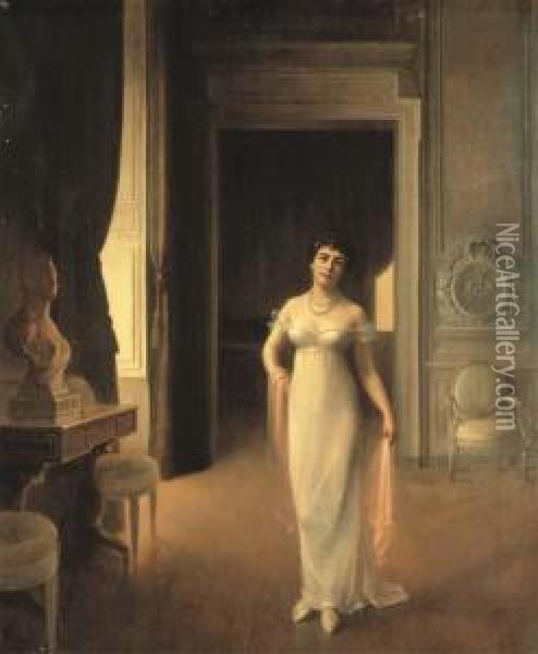 Portrait En Pied De Madame William G. Au Chateau De La Motte Oil Painting - H. Rondel