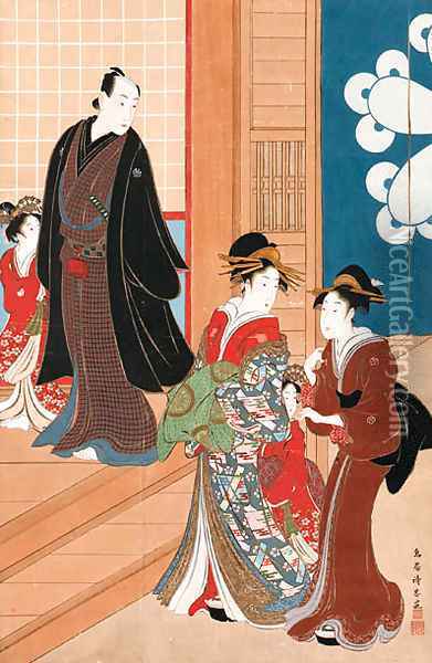 Courtesan arriving to meet her client at a teahouse Oil Painting - Torii Kiyotada II