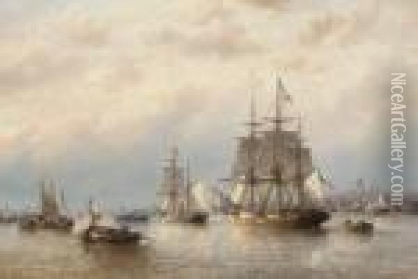 Shipping Becalmed In Calais Harbour Oil Painting - Francois Etienne Musin