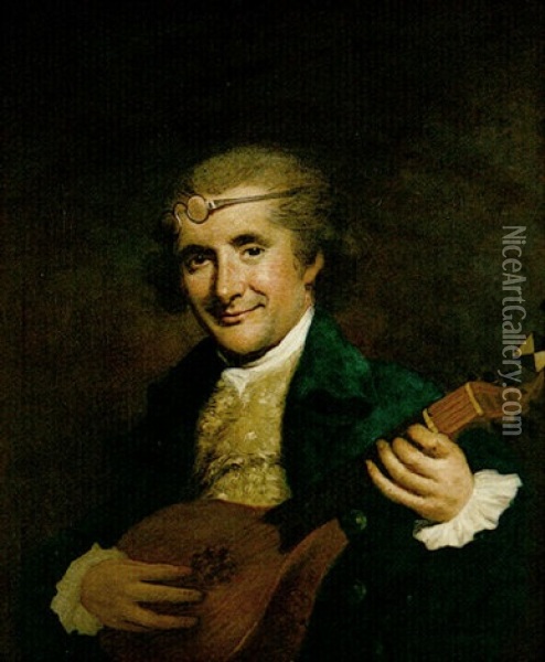 Portrait Of A Gentleman Playing A Mandolin Wearing A Blue Coat And A White Lace Jabot, His Spectacles On His Head Oil Painting - Nathaniel Hone the Elder