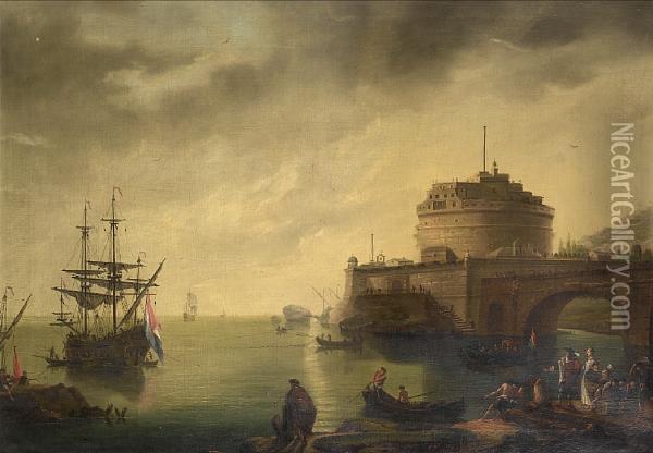 Capriccio
Of A Mediterranean Harbour With The Castel Sant'angelo Oil Painting - Claude-joseph Vernet