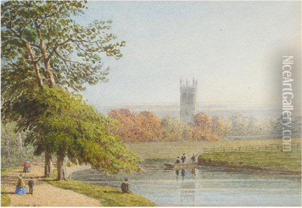 View Of Magdalen Collage Tower From Christ Church Meadow, Oxford Oil Painting - George Pyne