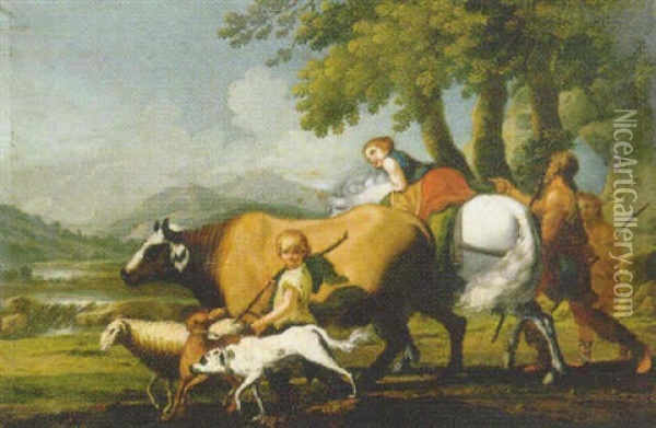 Familia De Campesinos Con Una Vaca, Un Caballo, Ovejas Y Un Perro En Un Paisaje Boscoso Oil Painting - Francesco Londonio