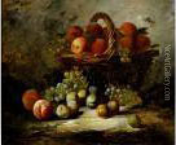 Nature Morte Au Panier De Peche, Aux Prunes Et Aux Raisins Oil Painting - Alphonse de Neuville