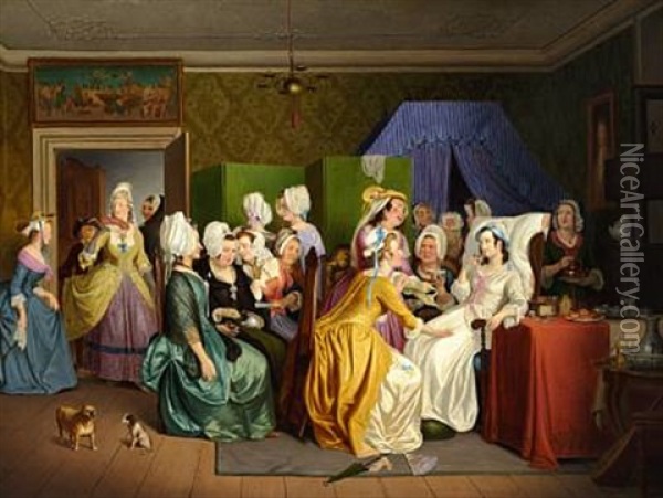 Scene From The Comedy Barselstuen By Playwright Ludvig Holberg (in Collab. W/workshop) Oil Painting - Wilhelm Nicolai Marstrand