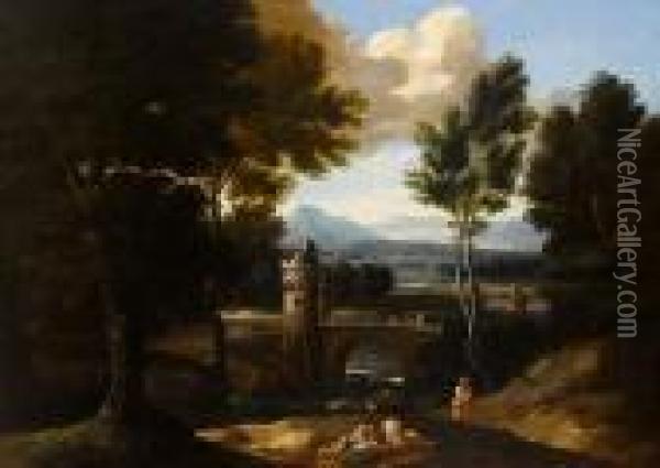 Figures Resting Before A Classical Landscape,a Bridge Beyond Oil Painting - Gaspard Dughet Poussin