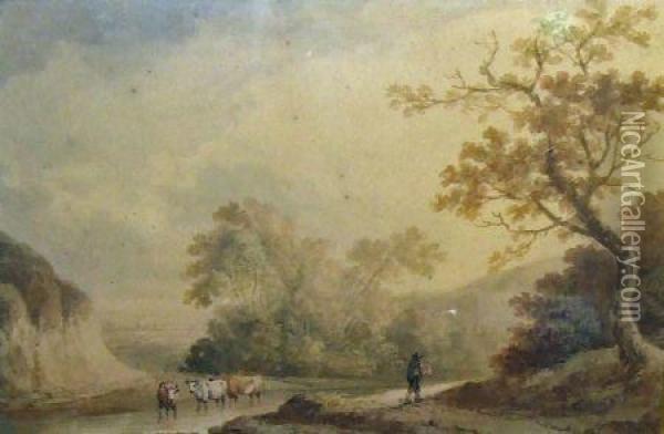 Herder And Cattle In River Landscape Oil Painting - Benjamin Barker Of Bath