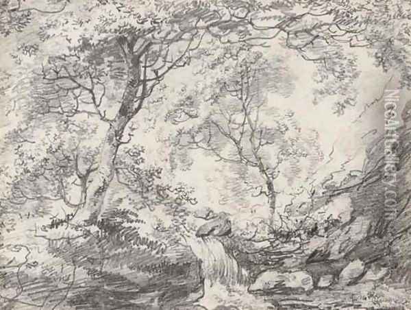 A woodland landscape with a waterfall Oil Painting - John Constable