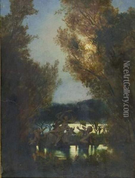 Waldinneres Mit Fluss Und Mythologischer Szene. Oil Painting - Eugen Napoleon Neureuther