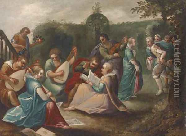 Elegant company making music in a garden Oil Painting - Louis De Caullery II