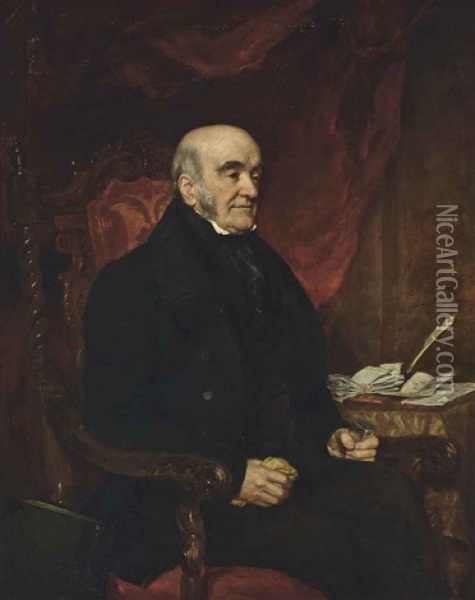 Portrait Of Mr Rawson, Three-quarter-length, In A Black Coat, Seated At His Desk In An Interior Oil Painting - Sir Francis Grant