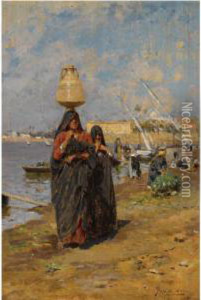 Women By The Nile Oil Painting - August Lovatti