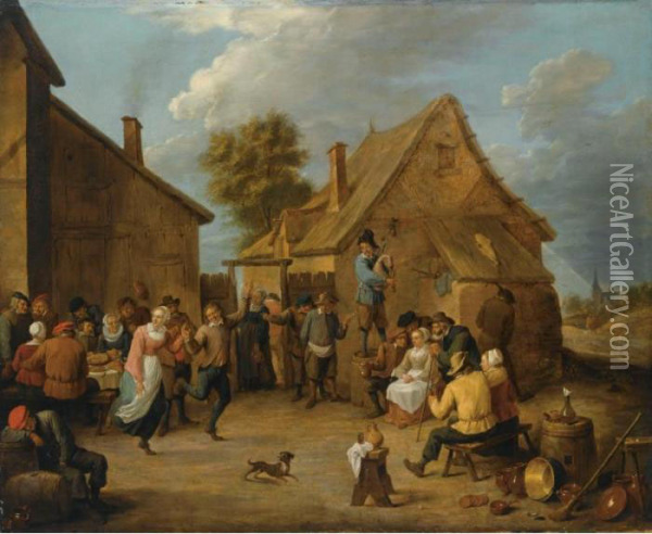 Peasants Dancing, Eating And 
Drinking Outside An Inn, With A Man Standing On A Barrel And Playing The
 Bagpipe To The Centre Right Oil Painting - David The Younger Teniers