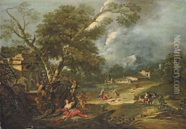 An Italianate river landscape with Juno resting under a tree with putti, a fountain nearby Oil Painting - Antonio Diziani