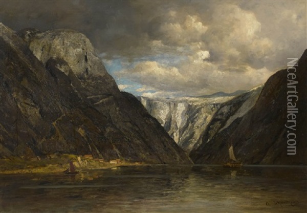 Norwegische Fjordlandschaft Oil Painting - Adolf Gustav Schweitzer