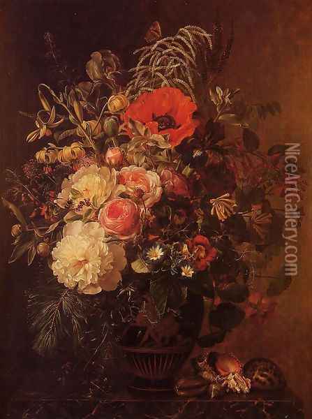 Still Life with Flowers in a Greek Vase Oil Painting - Johan Laurentz Jensen