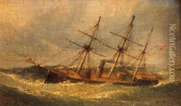 Study Of A Three Masted Vessel In Stormy Sea Oil Painting - William Adolphu Knell