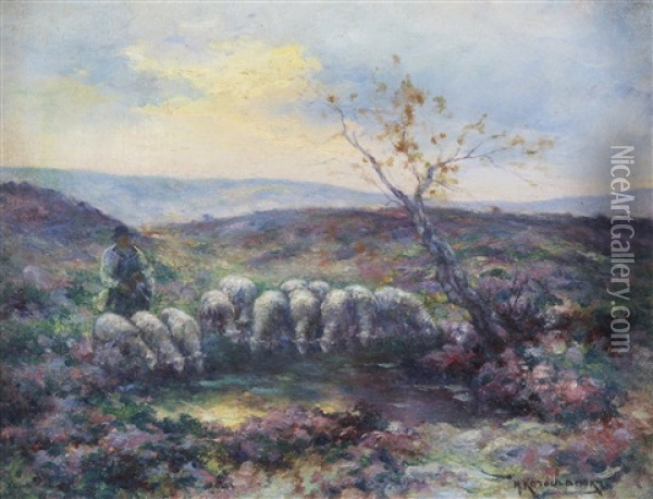 A Sheperd And His Herd At Dawn Oil Painting - Michel Korochansky
