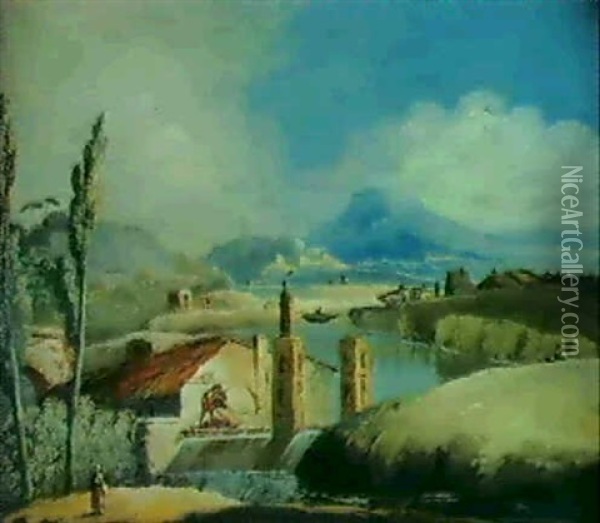 Paesaggio Fluviale Con Viandanti Oil Painting - Giuseppe Bernardino Bison