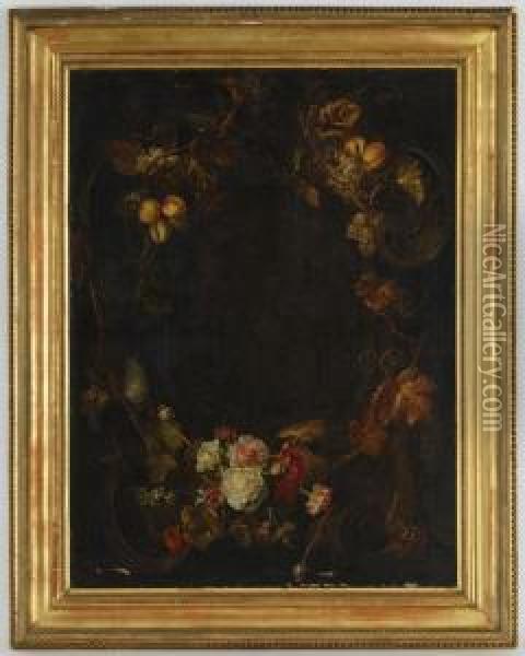 Medaillon En Grisaille Orne D'une Guirlande De Fleurs Et Fruits Oil Painting - Daniel Seghers