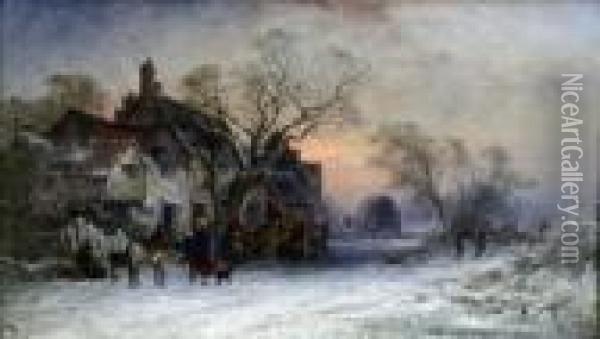 A Snowy Evening Near Nutfield, Kent Oil Painting - George Augustus Williams
