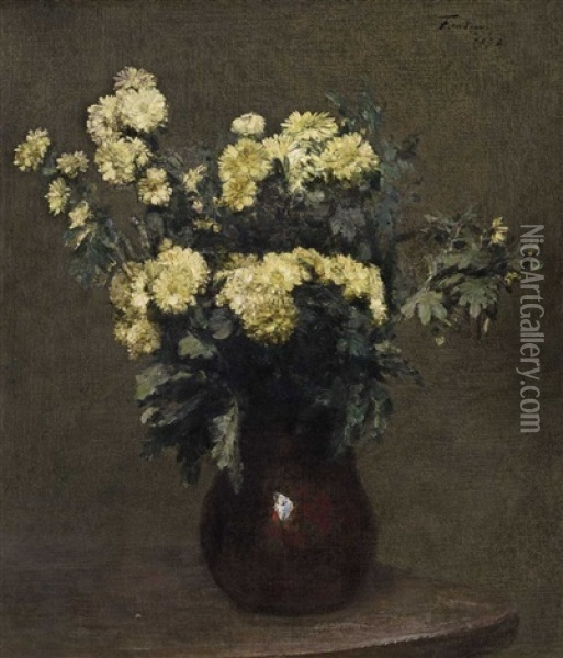 Crysanthemums In A Earthen Vase Oil Painting - Henri Fantin-Latour