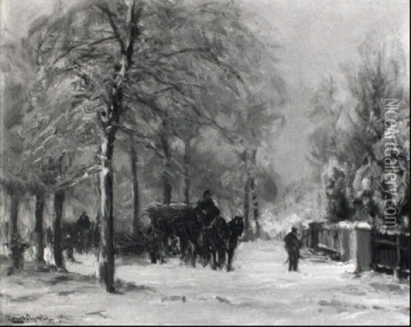Horse-drawn Carts And Faggot Gatherers In The Snow Oil Painting - Louis Apol