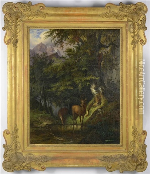 Mountain Landscape With A Pair Of Deer Oil Painting - Friedrich Gauermann