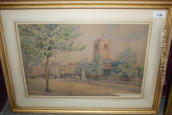 Street Scene With Church Oil Painting - Harry T. Hine