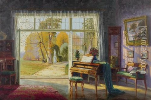 Interieur Mit Klavier Und Sicht In Den Garten Oil Painting - Ernst Hugo Lorenz-Morovana
