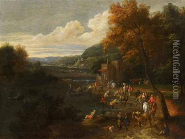 Flusslandschaft Mit Zahlreichen Personen Oil Painting - Pieter Bout