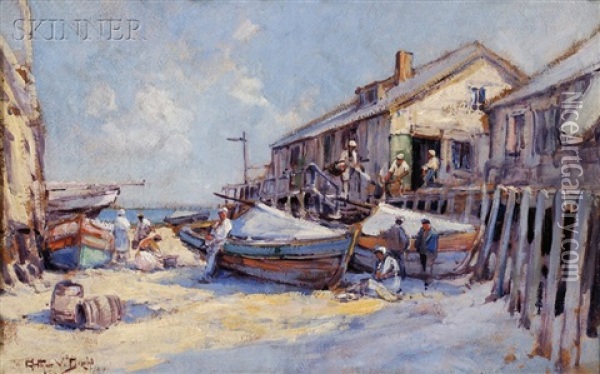 Figures And Sailboats At A Sunny Boatyard Oil Painting - Arthur Vidal Diehl