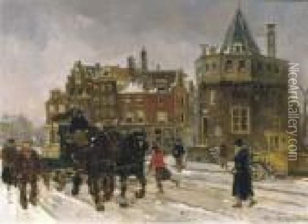 The Prins Hendrikkade By The Schreierstoren: Amsterdam In Winter Oil Painting - Frans Langeveld