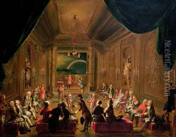 Initiation ceremony in a Viennese Masonic Lodge during the reign of Joseph II, with Mozart seated on the extreme left, 1784 Oil Painting - Ignaz Unterberger