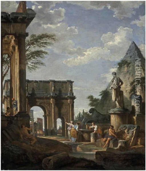 A Capriccio Of The Roman Forum, With The Arch Of Constantine, The Pyramid Of Cestius And The Colosseum Beyond, Figures By A Fountain In The Foreground Oil Painting - Giovanni Paolo Panini